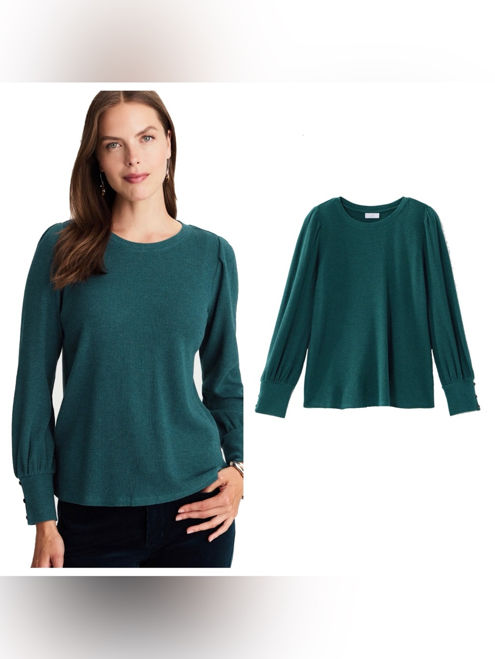 NWT J. Jill Buttoned-Cuff Waffle Top dark sea heather teal 2X long sleeve basic